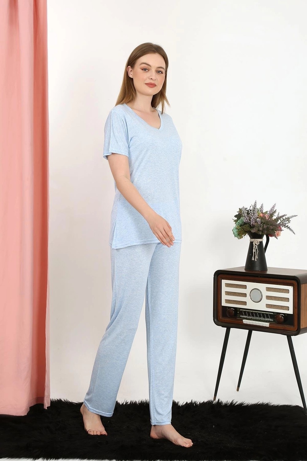 mery Moda Kadın Kısa Kol Pamuk Penye Pijama Takım Mavi Beruflic