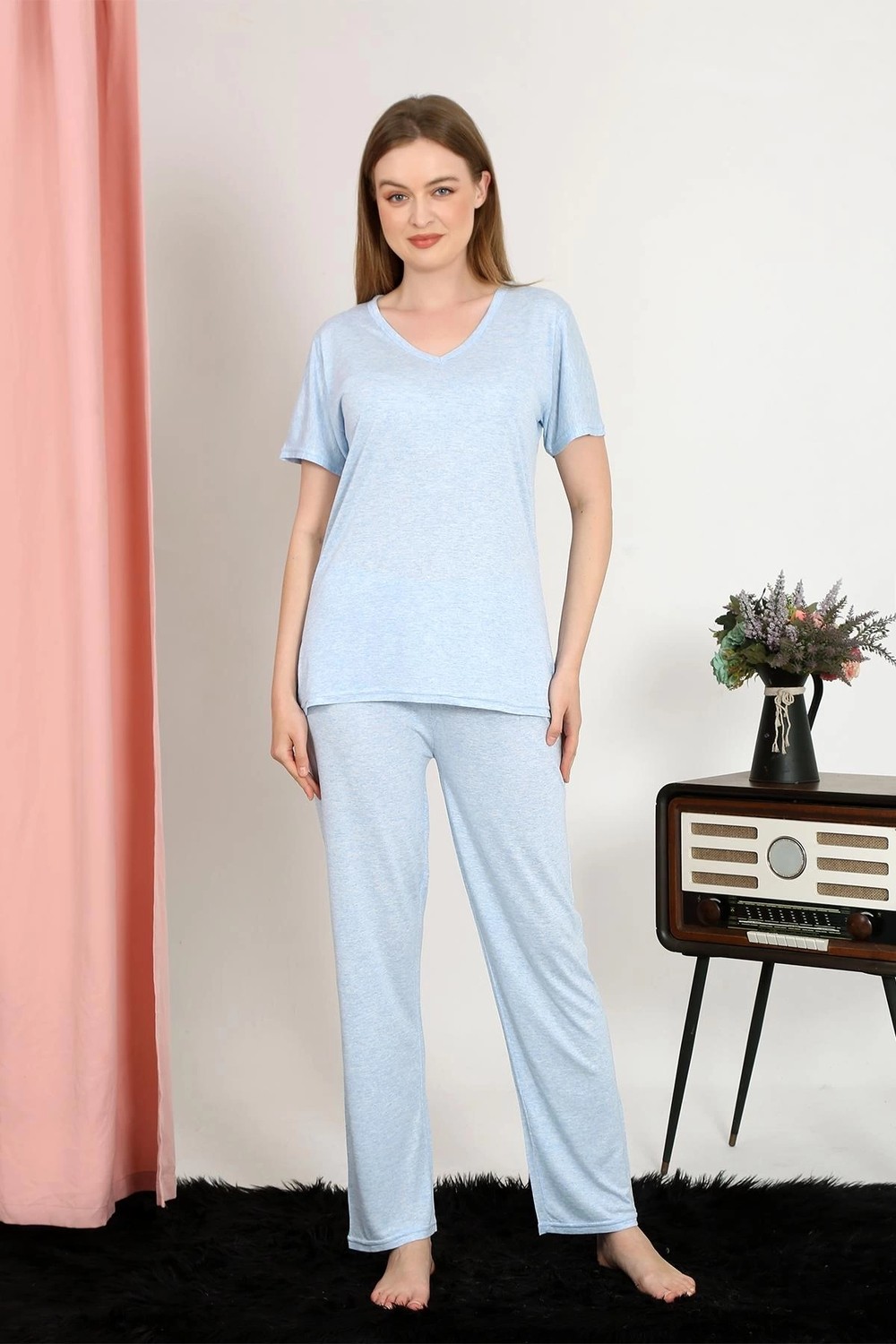 mery Moda Kadın Kısa Kol Pamuk Penye Pijama Takım Mavi Beruflic görsel 2