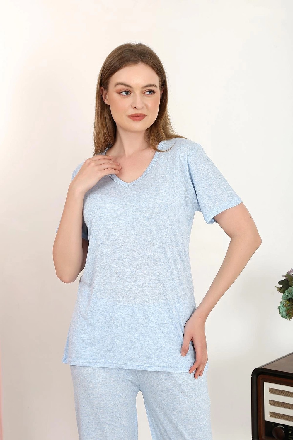 mery Moda Kadın Kısa Kol Pamuk Penye Pijama Takım Mavi Beruflic görsel 3