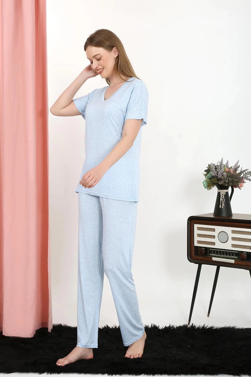 mery Moda Kadın Kısa Kol Pamuk Penye Pijama Takım Mavi Beruflic görsel 4