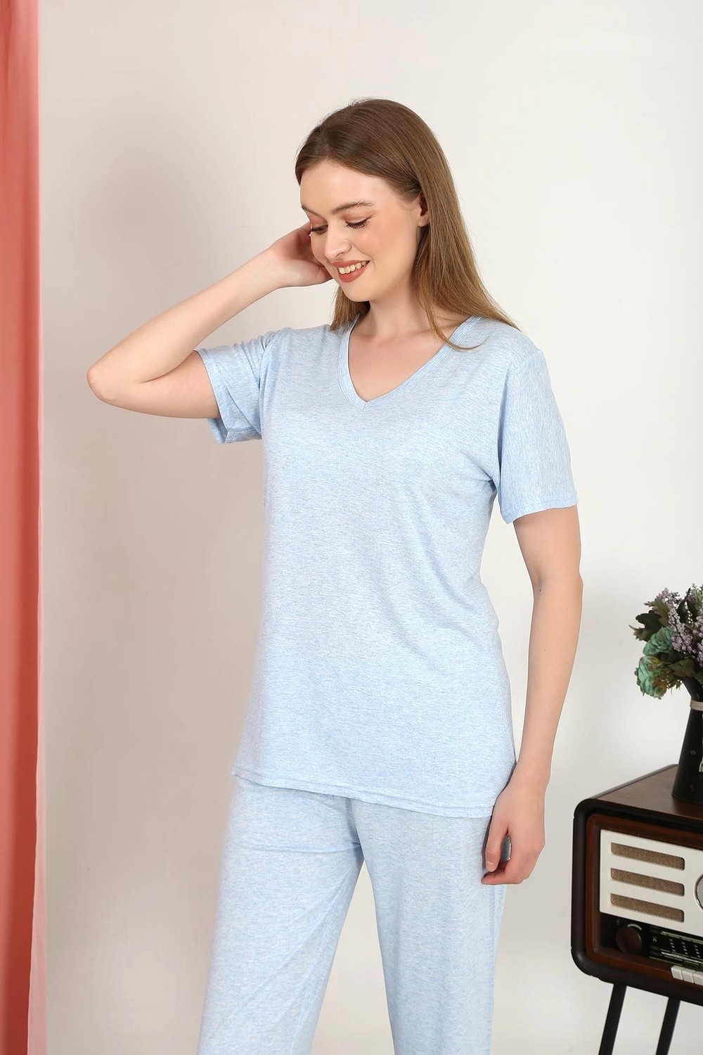 mery Moda Kadın Kısa Kol Pamuk Penye Pijama Takım Mavi Beruflic görsel 5