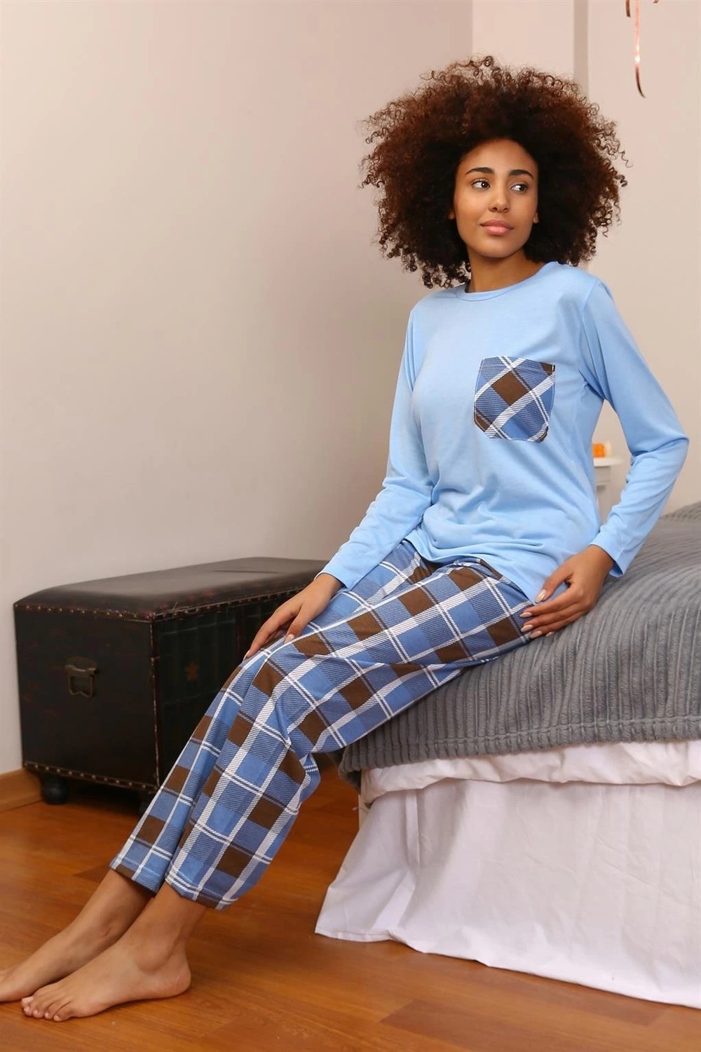 mery Moda Kadın Uzun Kol Penye Pijama Takım Mavi Beruflic görsel 3