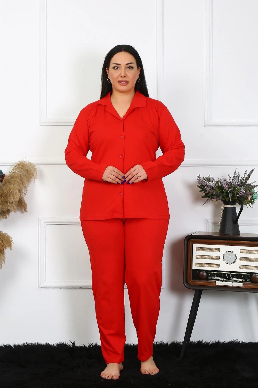 mery Moda Kadın Büyük Beden Pamuklu Cepli Düğmeli Kırmızı Pijama Takım Beruflic