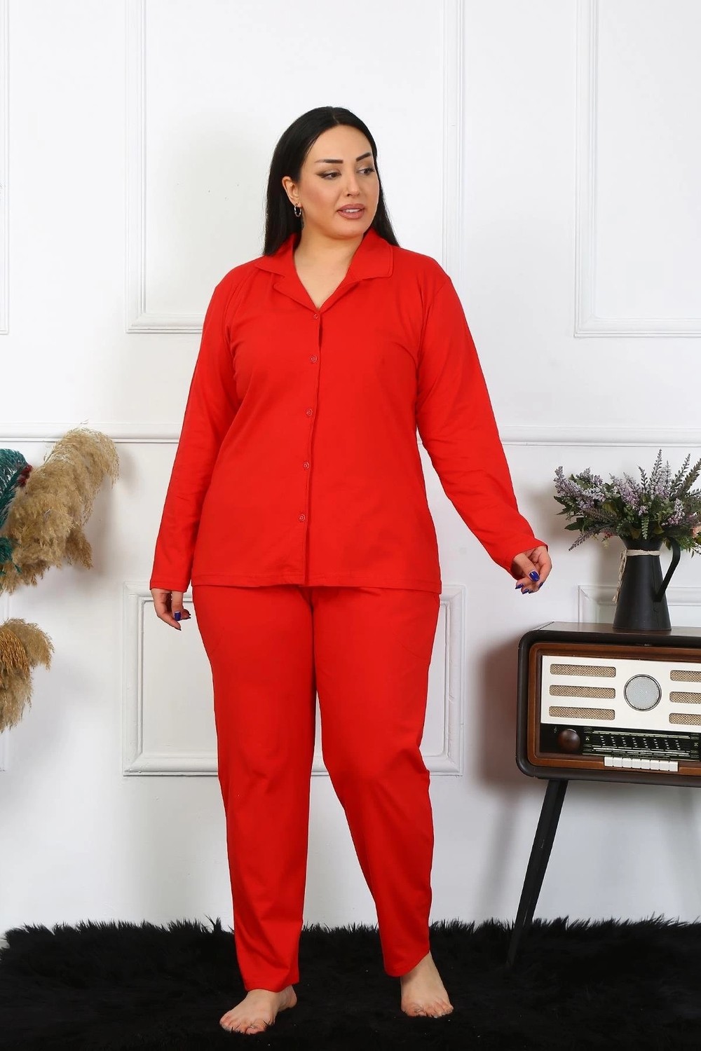 mery Moda Kadın Büyük Beden Pamuklu Cepli Düğmeli Kırmızı Pijama Takım Beruflic görsel 2