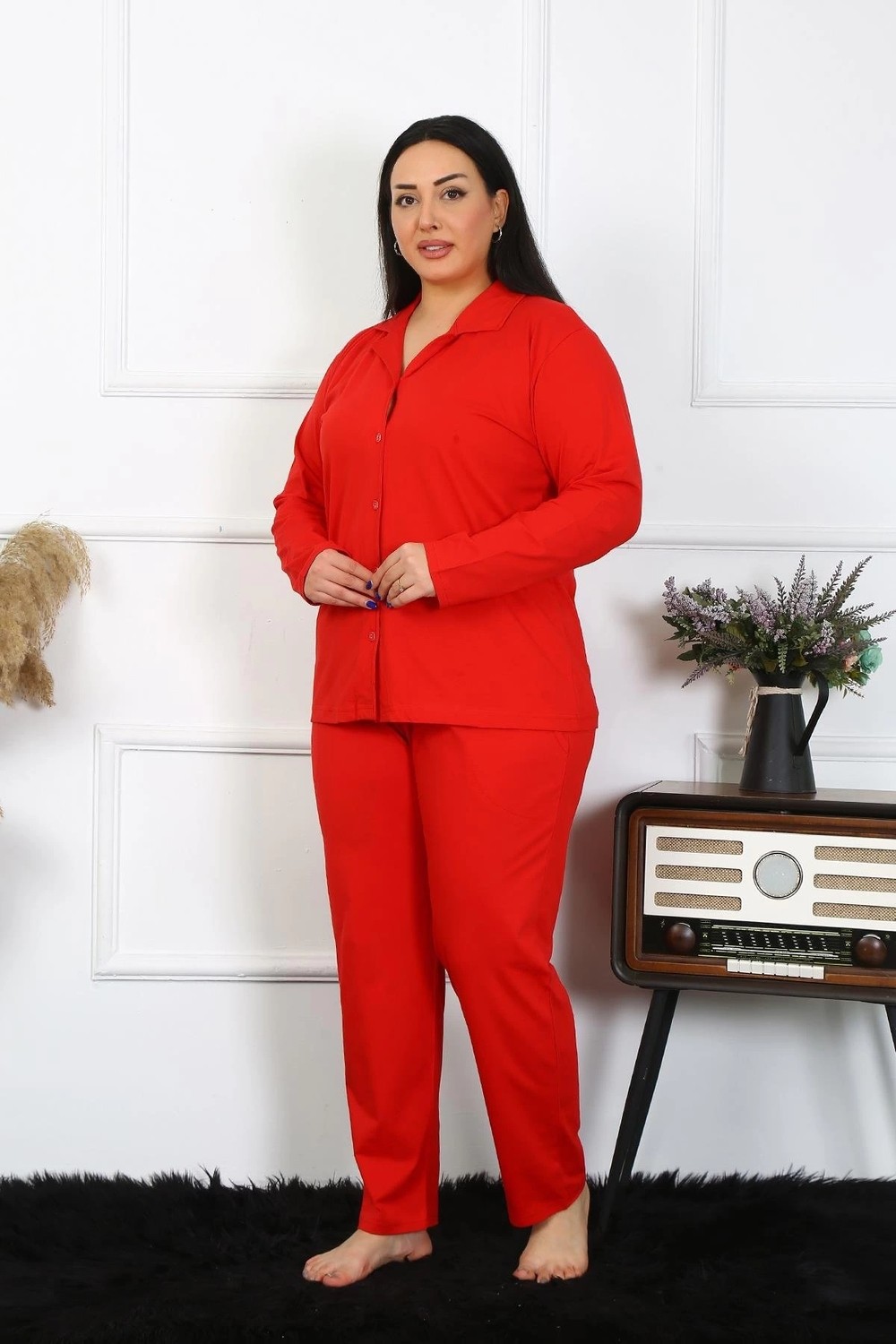 mery Moda Kadın Büyük Beden Pamuklu Cepli Düğmeli Kırmızı Pijama Takım Beruflic görsel 3