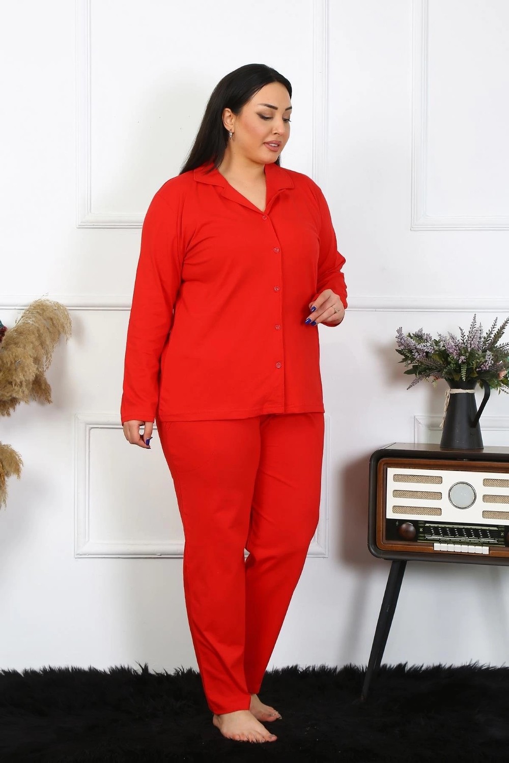mery Moda Kadın Büyük Beden Pamuklu Cepli Düğmeli Kırmızı Pijama Takım Beruflic görsel 4