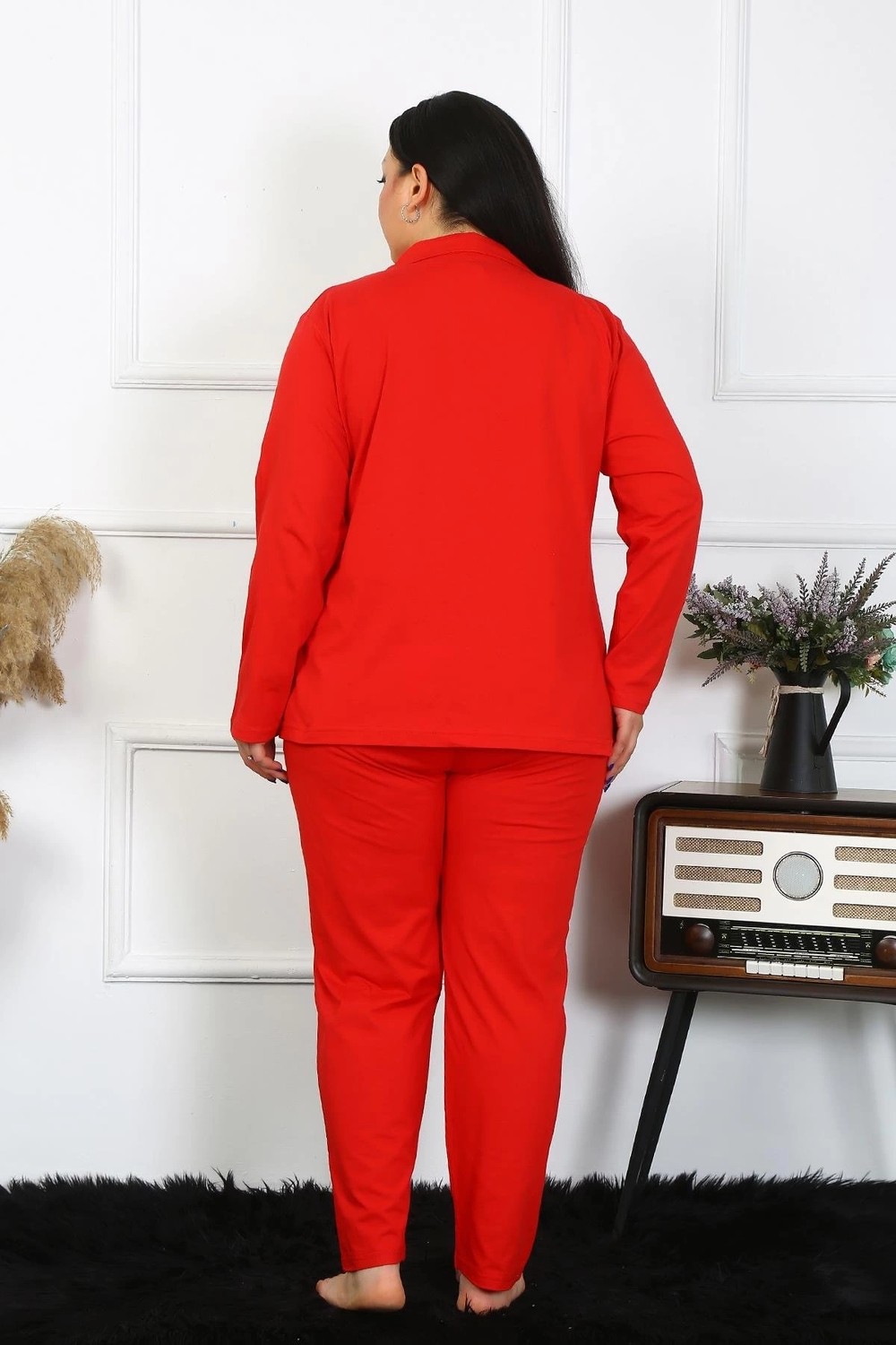 mery Moda Kadın Büyük Beden Pamuklu Cepli Düğmeli Kırmızı Pijama Takım Beruflic görsel 5