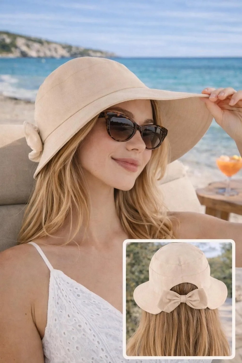 Wearflawless Kadın Keten Bucket Fiyonklu Yazlık Plaj Şapkası, Ayarlanabilir Geniş Kenarlı Tatil Şapkası