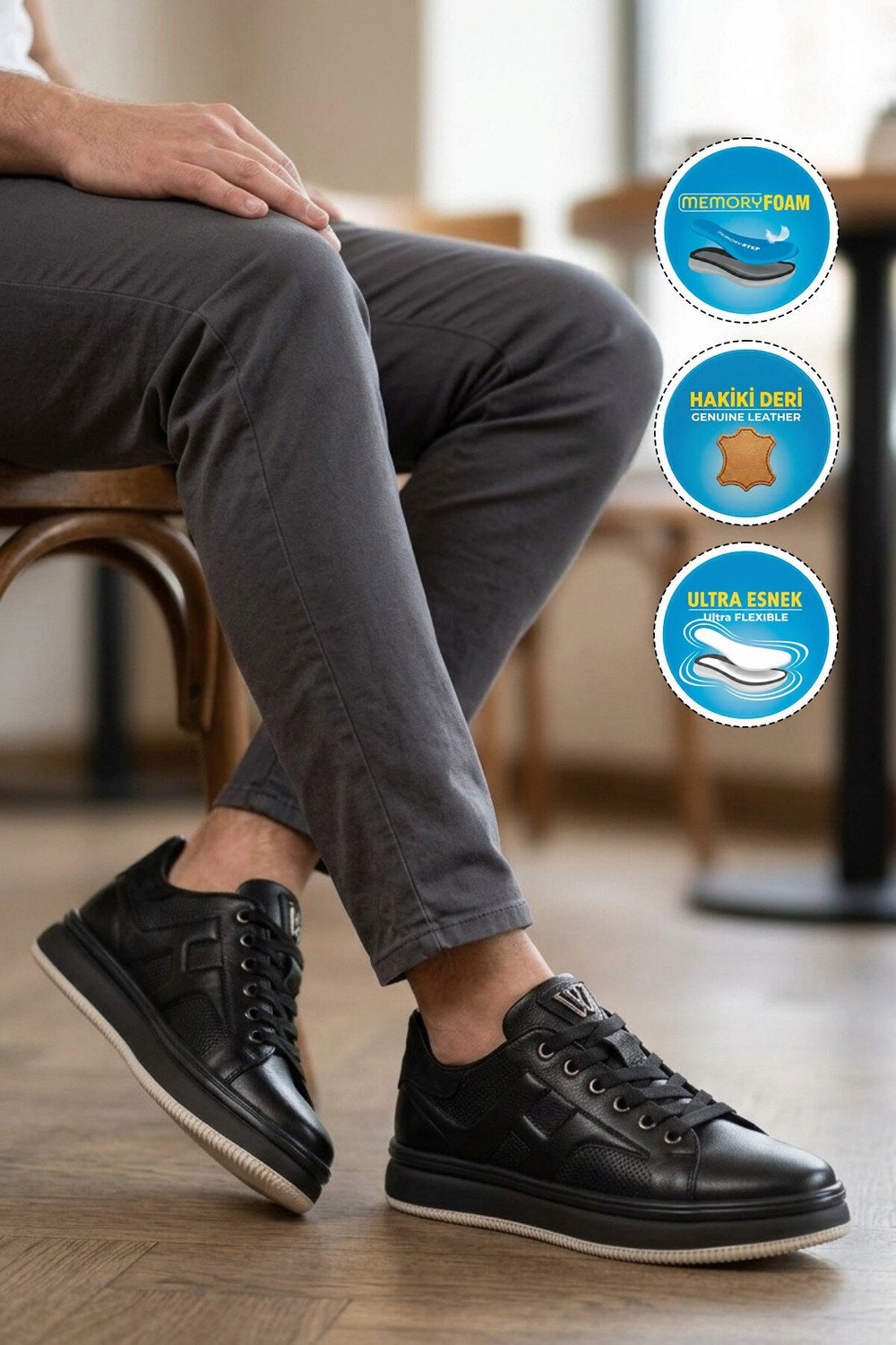 Voyager Siyah Hakiki Deri Erkek Casual Sneaker Memory Taban Premium Casual Ayakkabı M030 M görsel 3