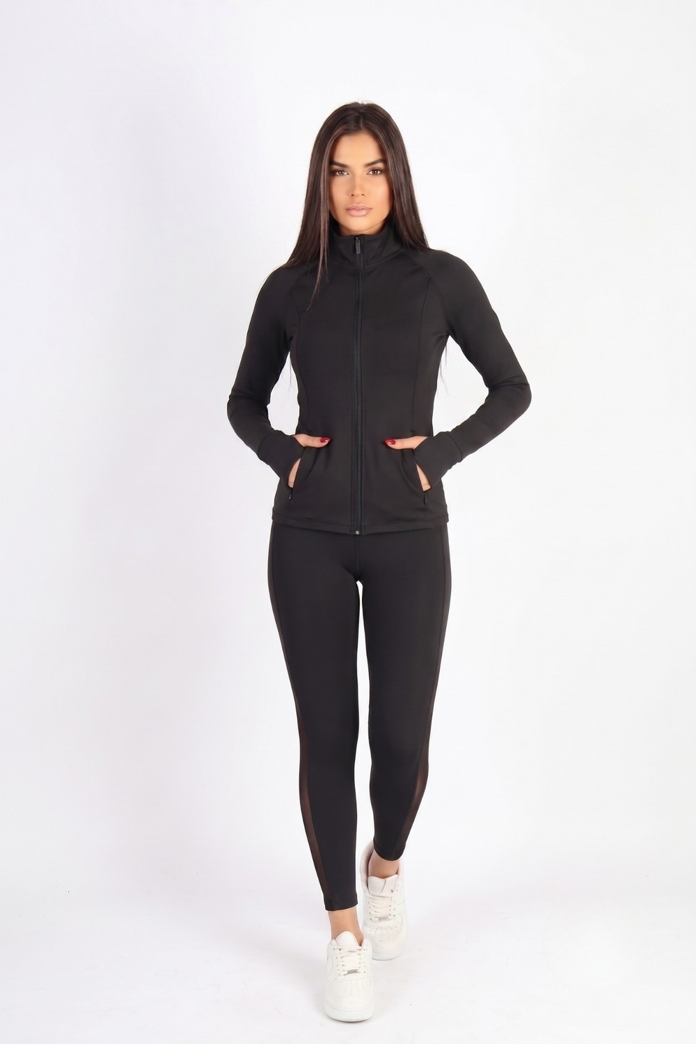 Soft & Basic Kadın Tayt Takım Polyester Paçası Tül Detaylı Yüksek Bel Tayt ve Hırka