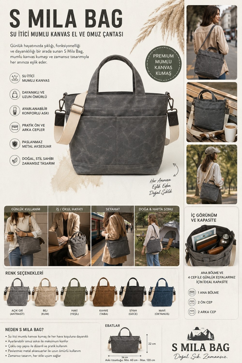 Old Cotton Cargo S Mila Bag Kadın Omuz Çantası Mumlu Kanvas Tote Bag Günlük El Çantası görsel 3