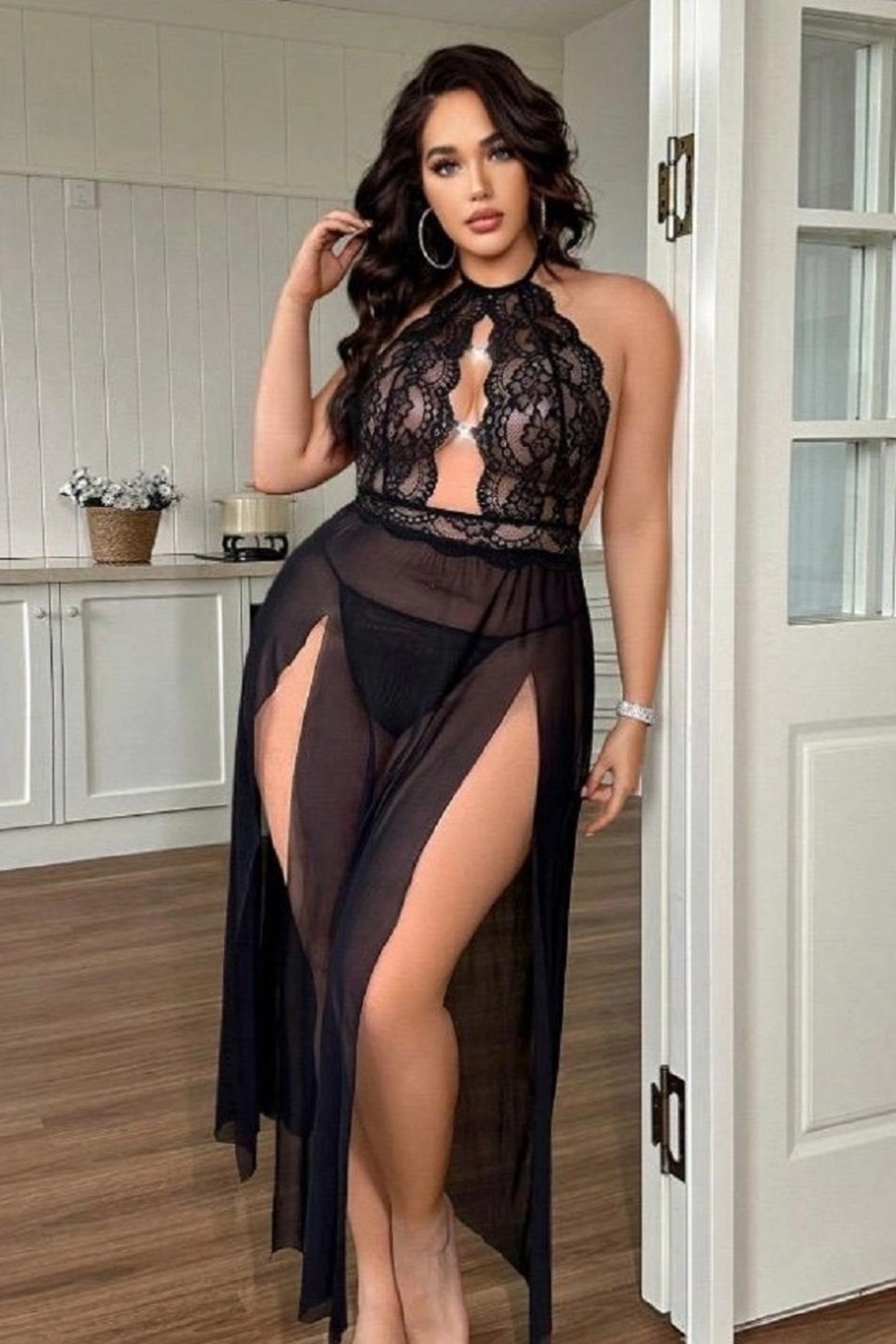 Hace Bazaar Uzun Gecelik Yırtmaçlı Dantel Göğüs Detaylı Sık Romantik Kadın Gecelik - HCB1238247-5584 görsel 2