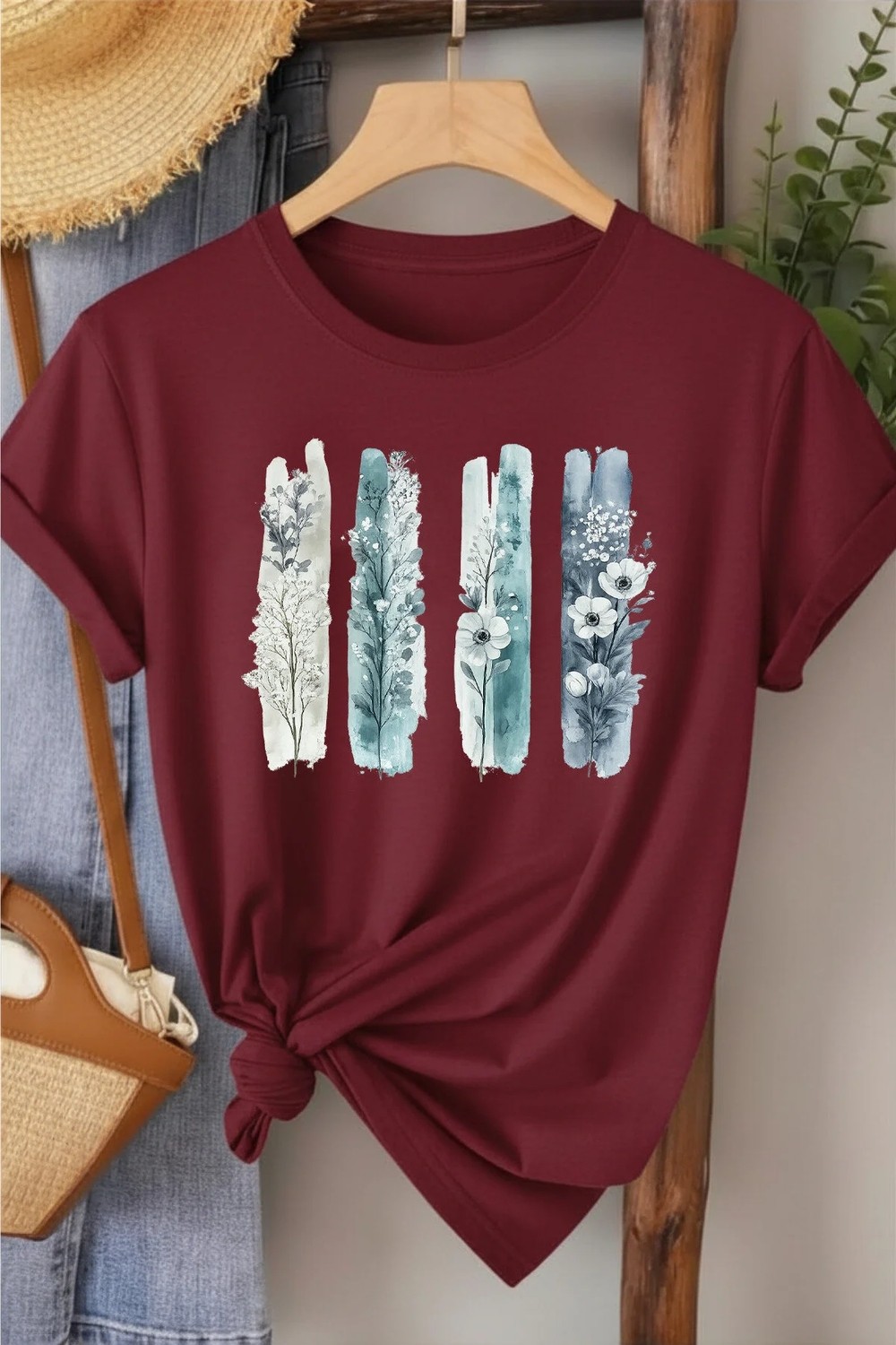 L'eivor Dörtlü Minimal Çiçek Tasarım Baskılı Kadın Pamuk T-Shirt
