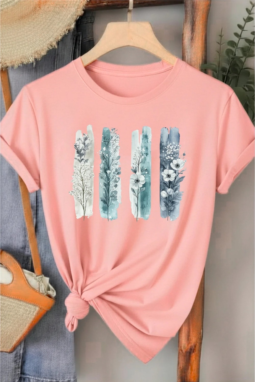 L'eivor Dörtlü Minimal Çiçek Tasarım Baskılı Kadın Pamuk T-Shirt