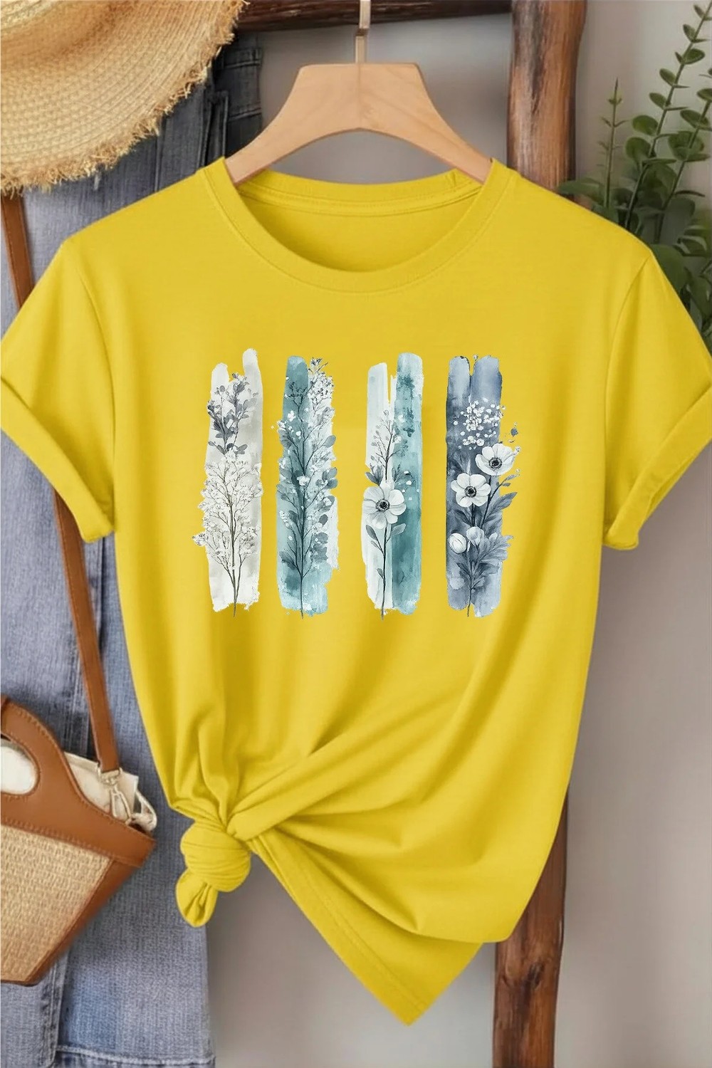 L'eivor Dörtlü Minimal Çiçek Tasarım Baskılı Kadın Pamuk T-Shirt