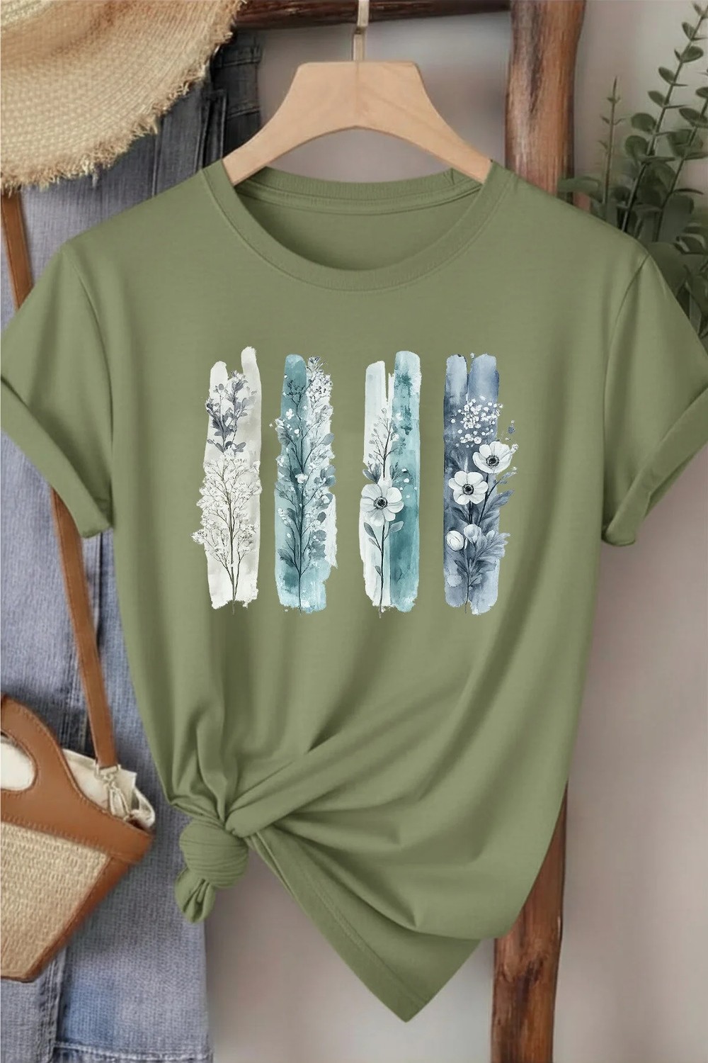 L'eivor Dörtlü Minimal Çiçek Tasarım Baskılı Kadın Pamuk T-Shirt görsel 3