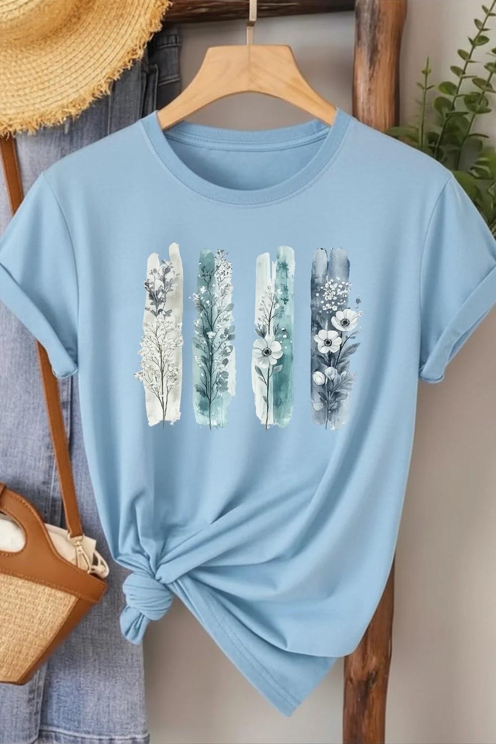 L'eivor Dörtlü Minimal Çiçek Tasarım Baskılı Kadın Pamuk T-Shirt görsel 7