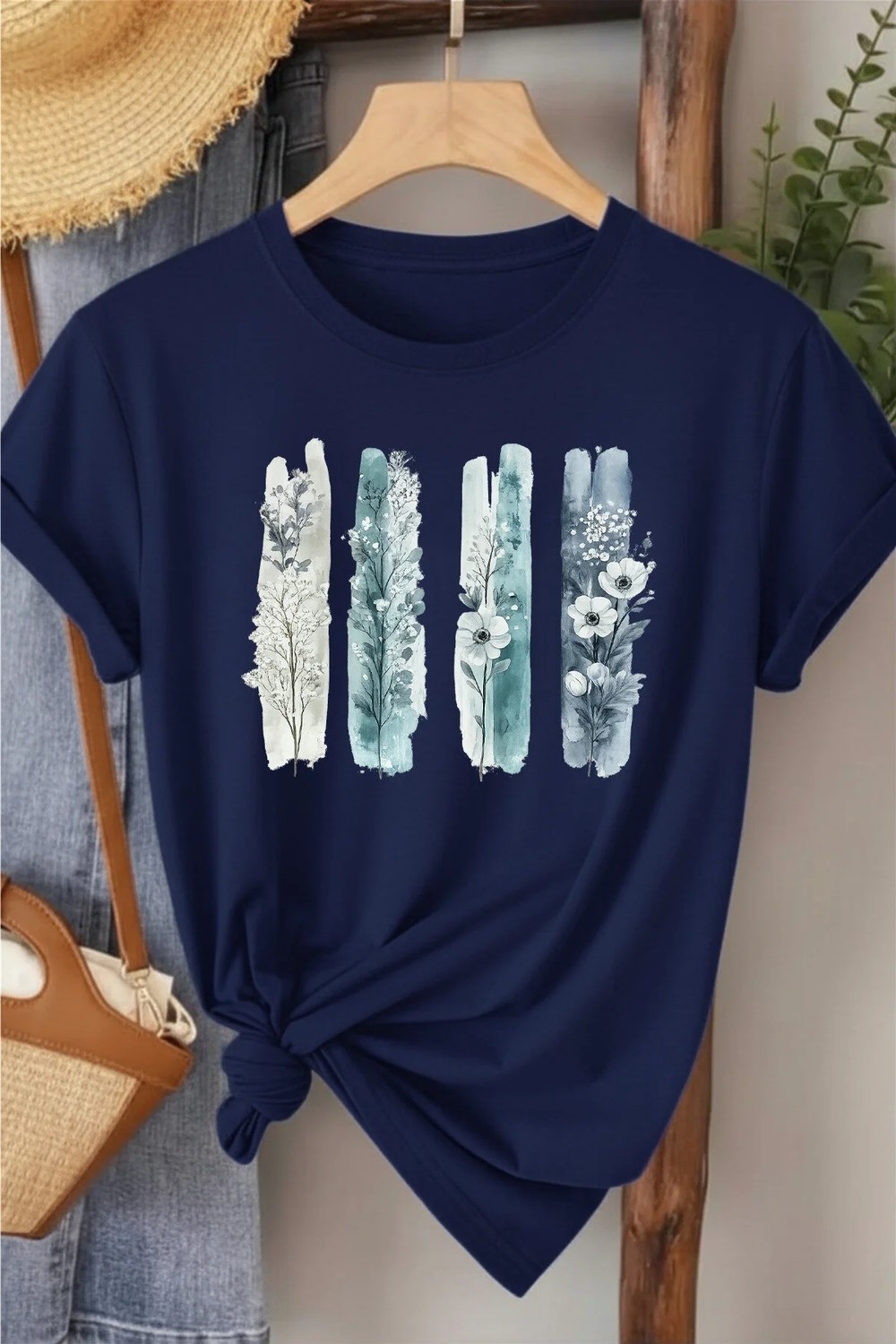 L'eivor Dörtlü Minimal Çiçek Tasarım Baskılı Kadın Pamuk T-Shirt
