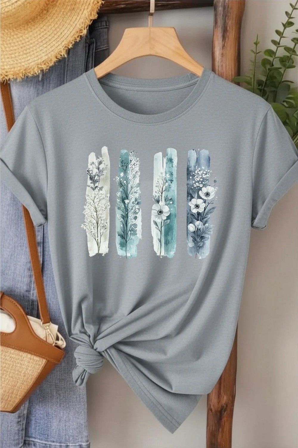 L'eivor Dörtlü Minimal Çiçek Tasarım Baskılı Kadın Pamuk T-Shirt
