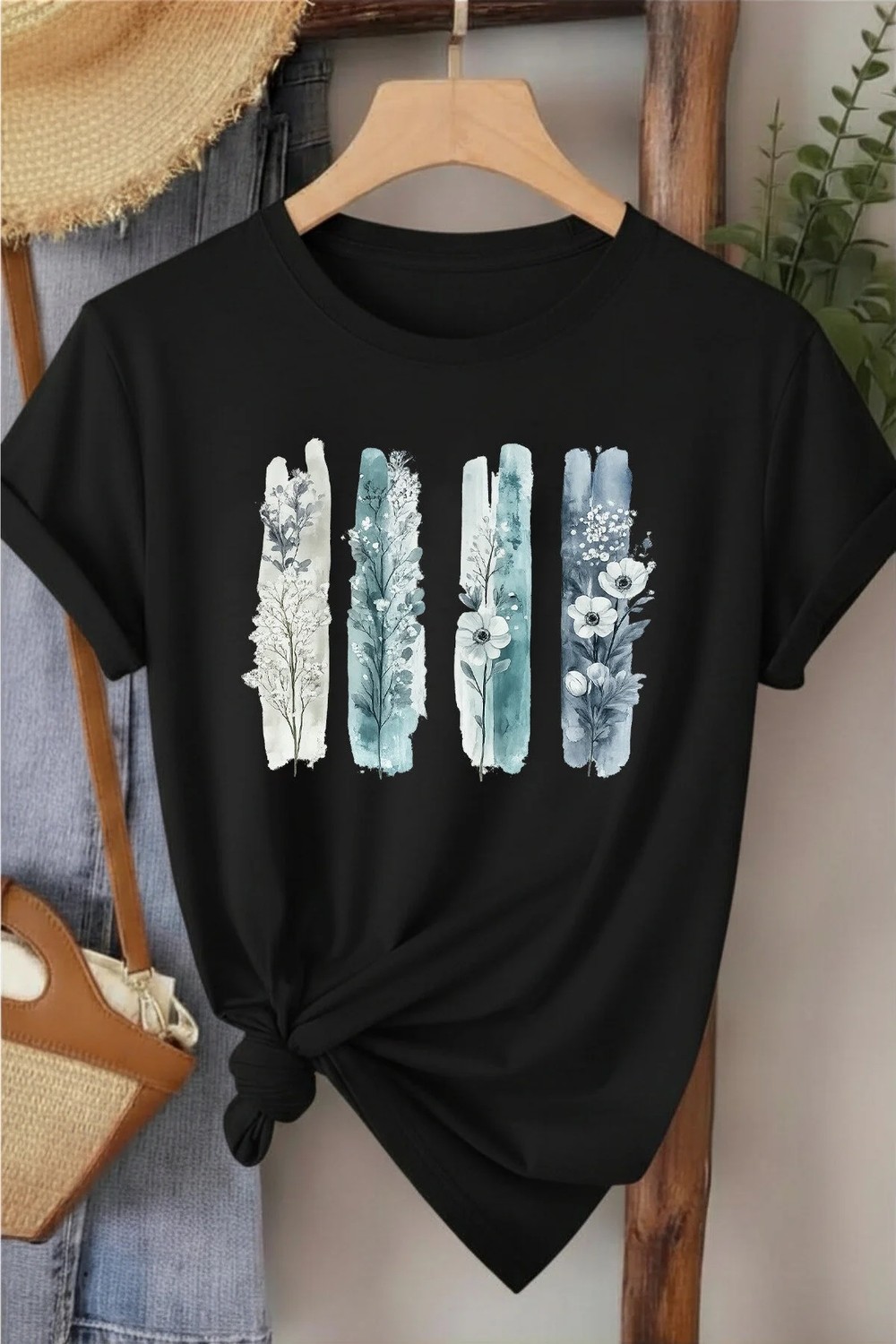 L'eivor Dörtlü Minimal Çiçek Tasarım Baskılı Kadın Pamuk T-Shirt