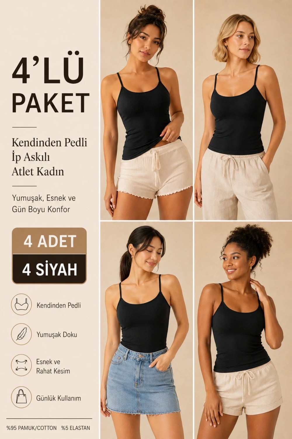 Loule Kadın %95 Pamuk Ip Askılı Pedli 4 Adet Basic Atlet - Esnek & Rahat 4'lü Bra Singlet