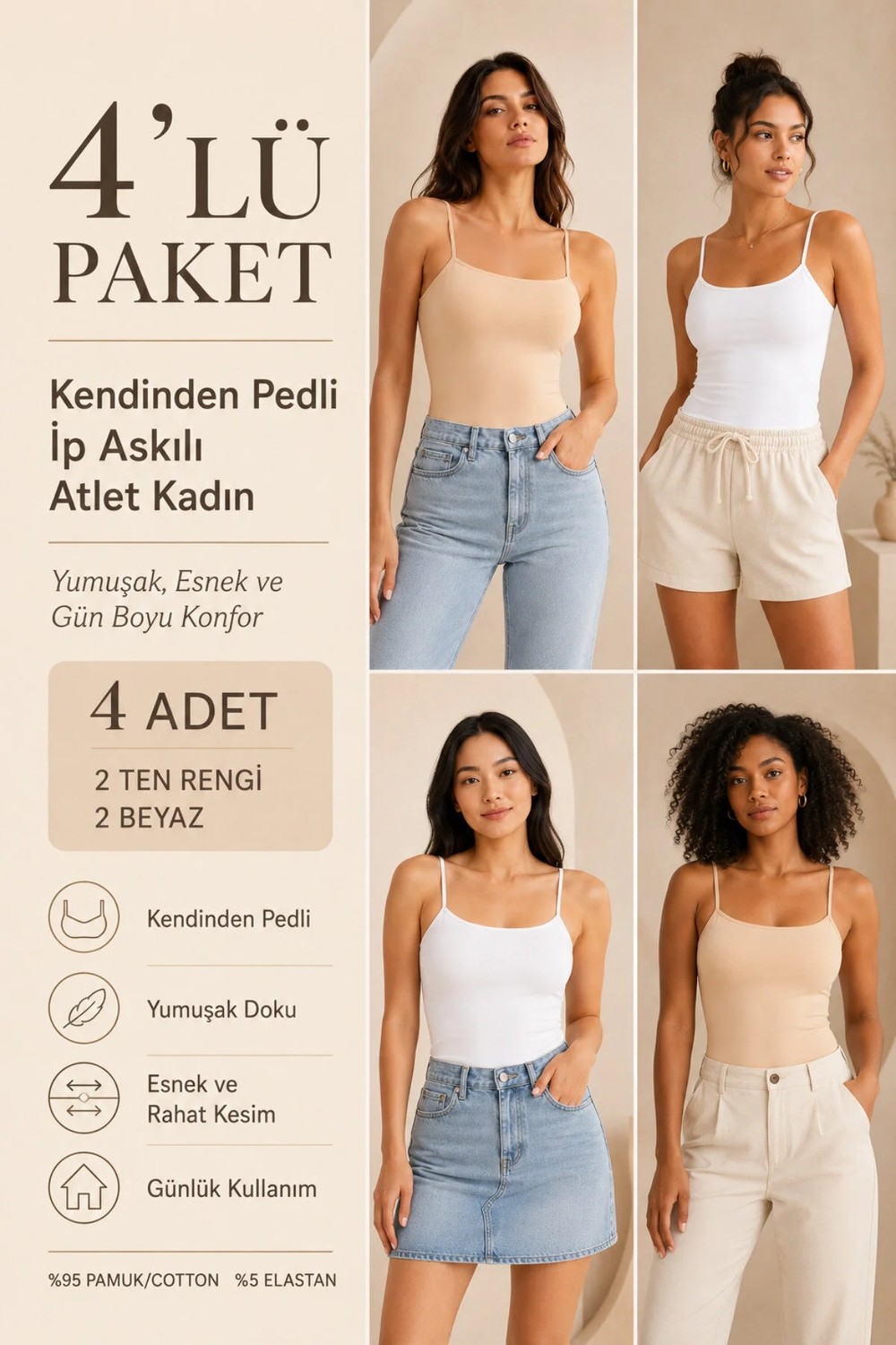 Loule Kadın %95 Pamuk Ip Askılı Pedli 4 Adet Basic Atlet - Esnek & Rahat 4'lü Bra Singlet görsel 6