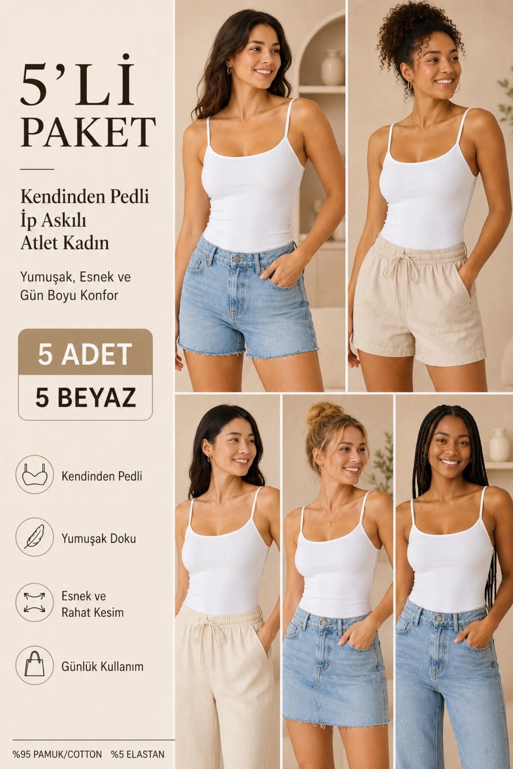 Loule Kadın %95 Pamuk Ip Askılı Pedli 5 Adet Basic Atlet - Esnek & Rahat 5'li Bra Singlet görsel 5