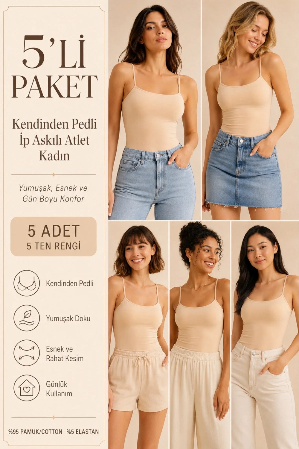 Loule Kadın %95 Pamuk Ip Askılı Pedli 5 Adet Basic Atlet - Esnek & Rahat 5'li Bra Singlet