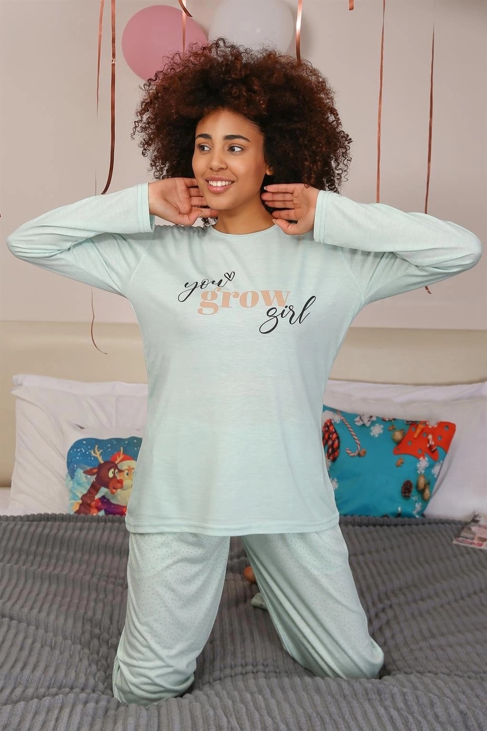 mery Moda Kadın Penye Uzun Kol Pijama Takım Su Yeşili Beruflic