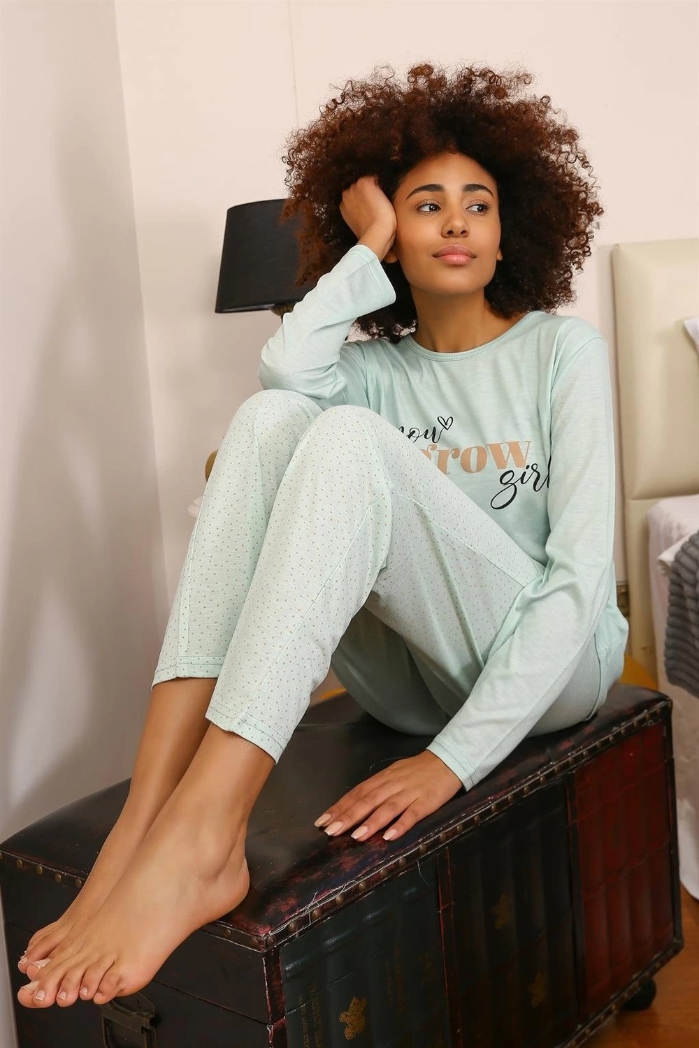 mery Moda Kadın Penye Uzun Kol Pijama Takım Su Yeşili Beruflic görsel 3