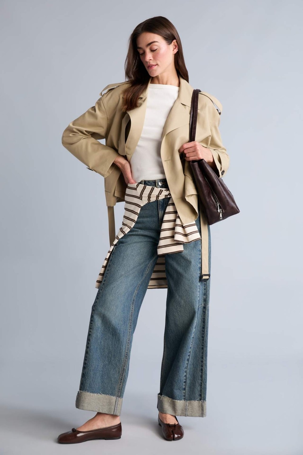 DeFacto Su İtici Regular Fit Smokin Yaka Kruvaze Kapamalı Kemerli Twill Kısa Trençkot H1615AX26AU görsel 2