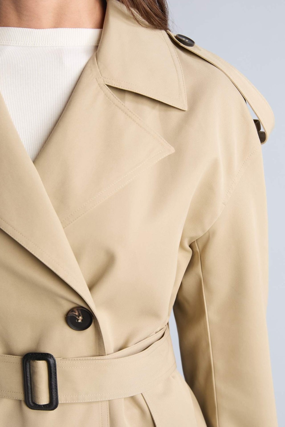 DeFacto Su İtici Regular Fit Smokin Yaka Kruvaze Kapamalı Kemerli Twill Kısa Trençkot H1615AX26AU görsel 5