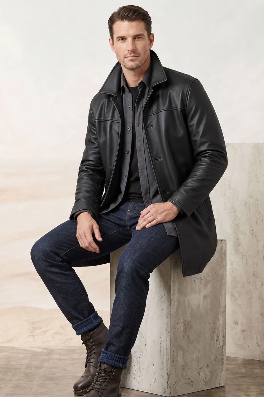 Deriderim Dean Winchester Siyah Hakiki Deri Erkek Kaban görsel 3