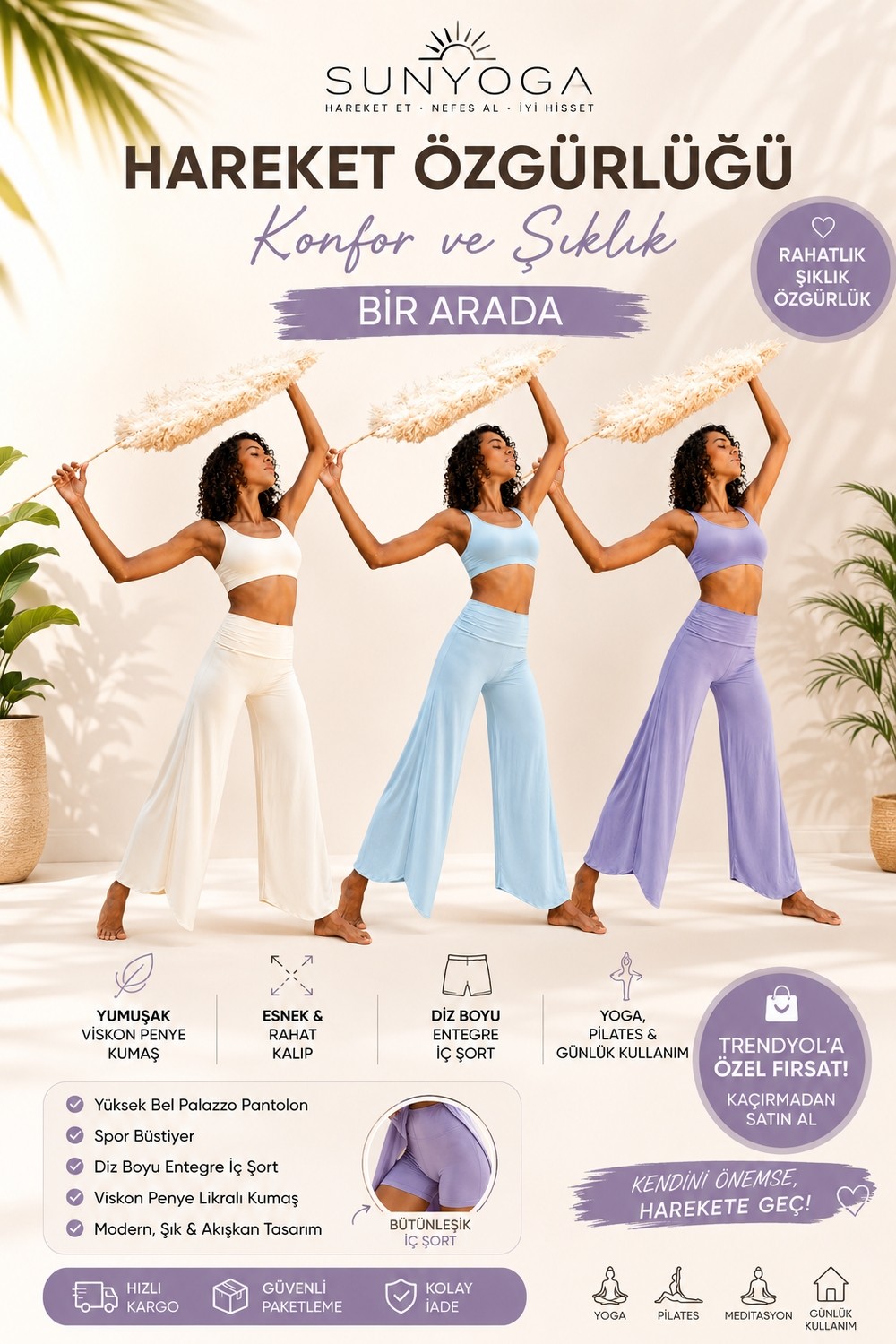 SUNYOGA Kadın Yoga Takımı Viskon Penye Likralı Yüksek Bel Palazzo Pantolon Içten Şortlu Spor Büstiyer Pilates Meditasyon Takımı görsel 6