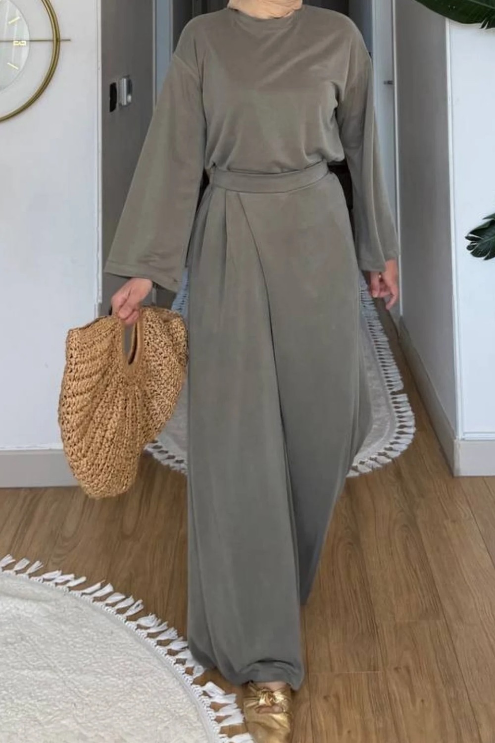 Tesettür Diyarı Aden Pike Orijinal Modal Kumaş Tunik-Pantolon Tesettür Takım- Haki görsel 3