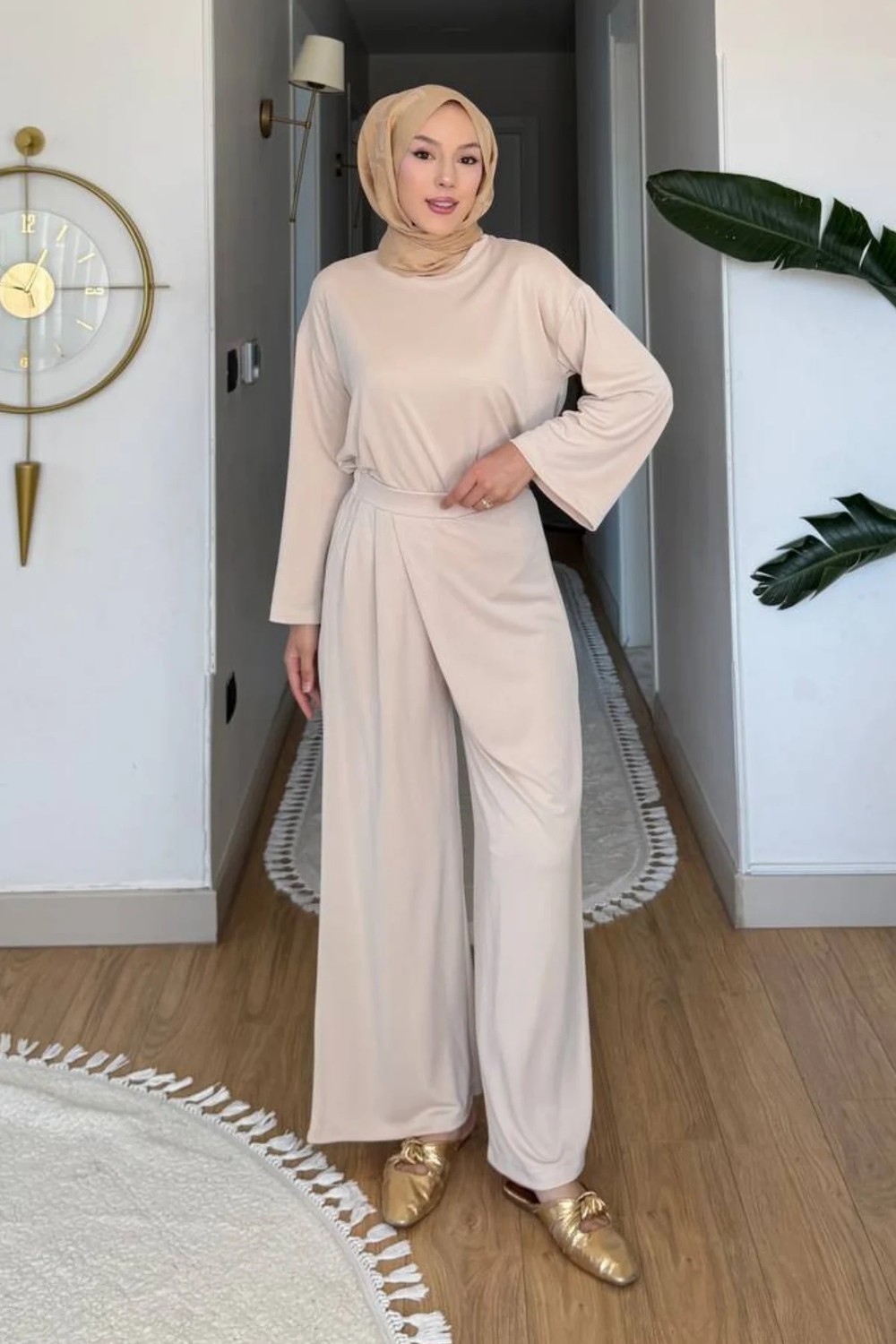 Tesettür Diyarı Aden Pike Orijinal Modal Kumaş Tunik-Pantolon Tesettür Takım- Haki görsel 4