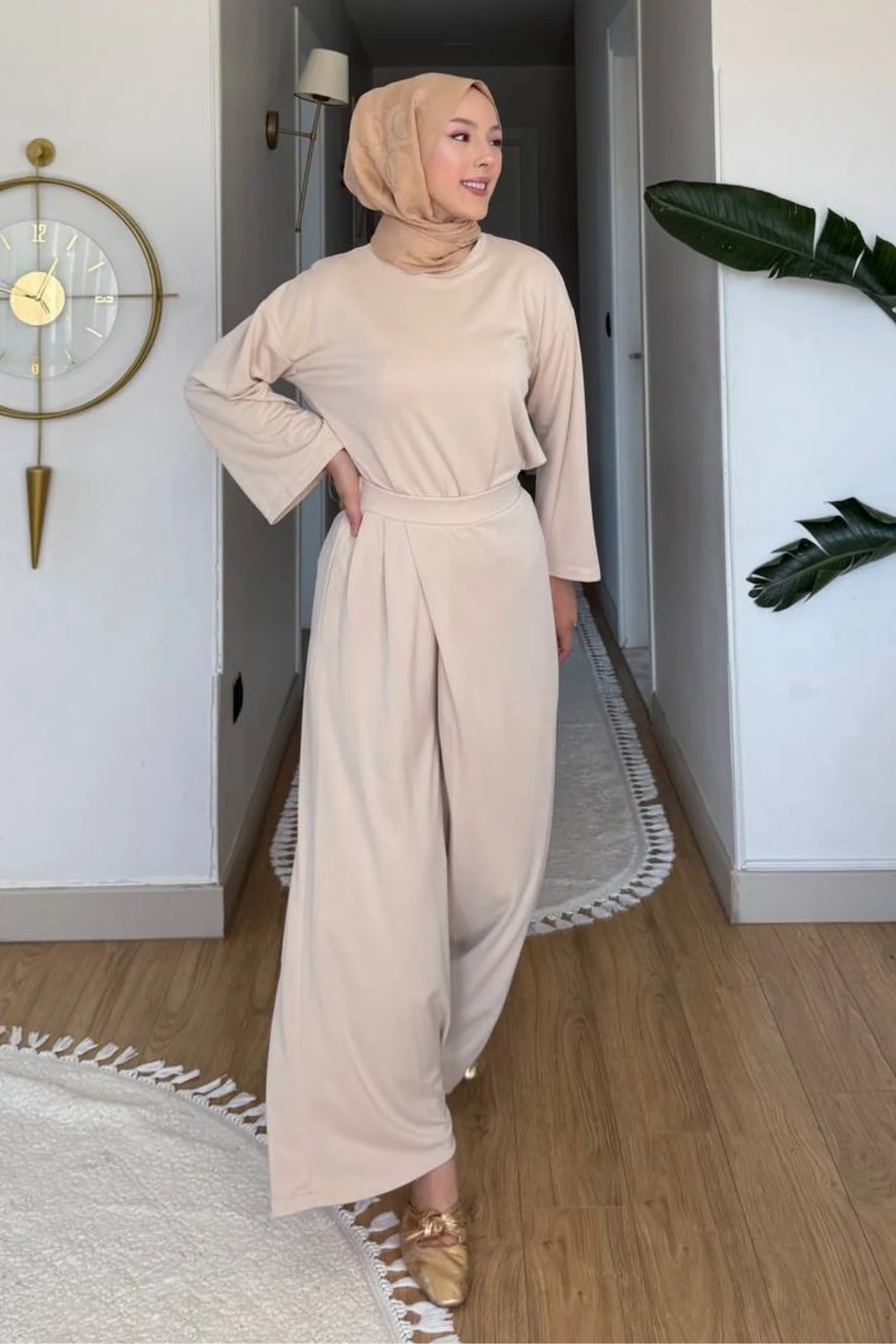 Tesettür Diyarı Aden Pike Orijinal Modal Kumaş Tunik-Pantolon Tesettür Takım- Haki görsel 5