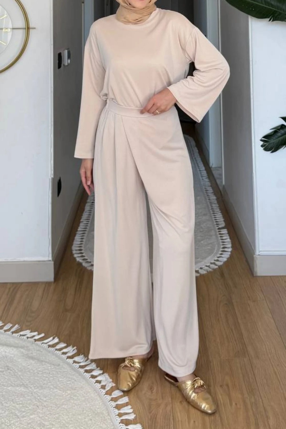 Tesettür Diyarı Aden Pike Orijinal Modal Kumaş Tunik-Pantolon Tesettür Takım- Haki görsel 6