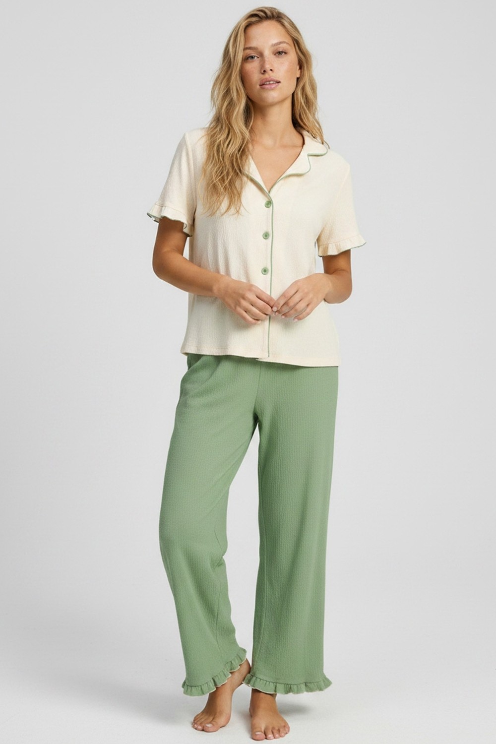 Siyah İnci Ekru Pembe Bürümcük-Krınkıl Kısa Kollu Düğmeli Biyeli Pijama Takım 7932 görsel 5