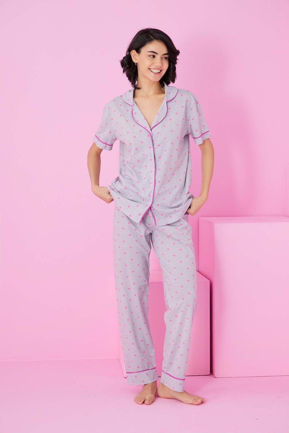 Siyah İnci Bej Melanj Desenli Desenli Kısa Kollu Düğmeli Biyeli Pijama TAKIM7854 görsel 5
