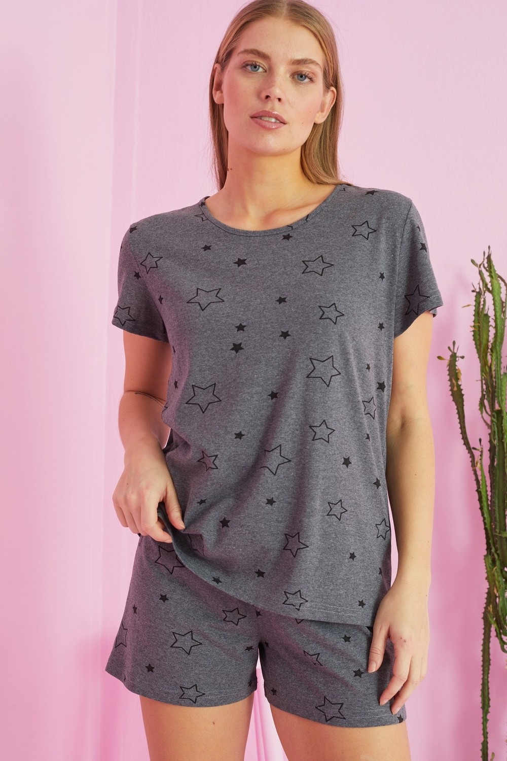 Siyah İnci Antrasit Yıldız Desenli Pamuklu Şort-Pijama Takım görsel 8
