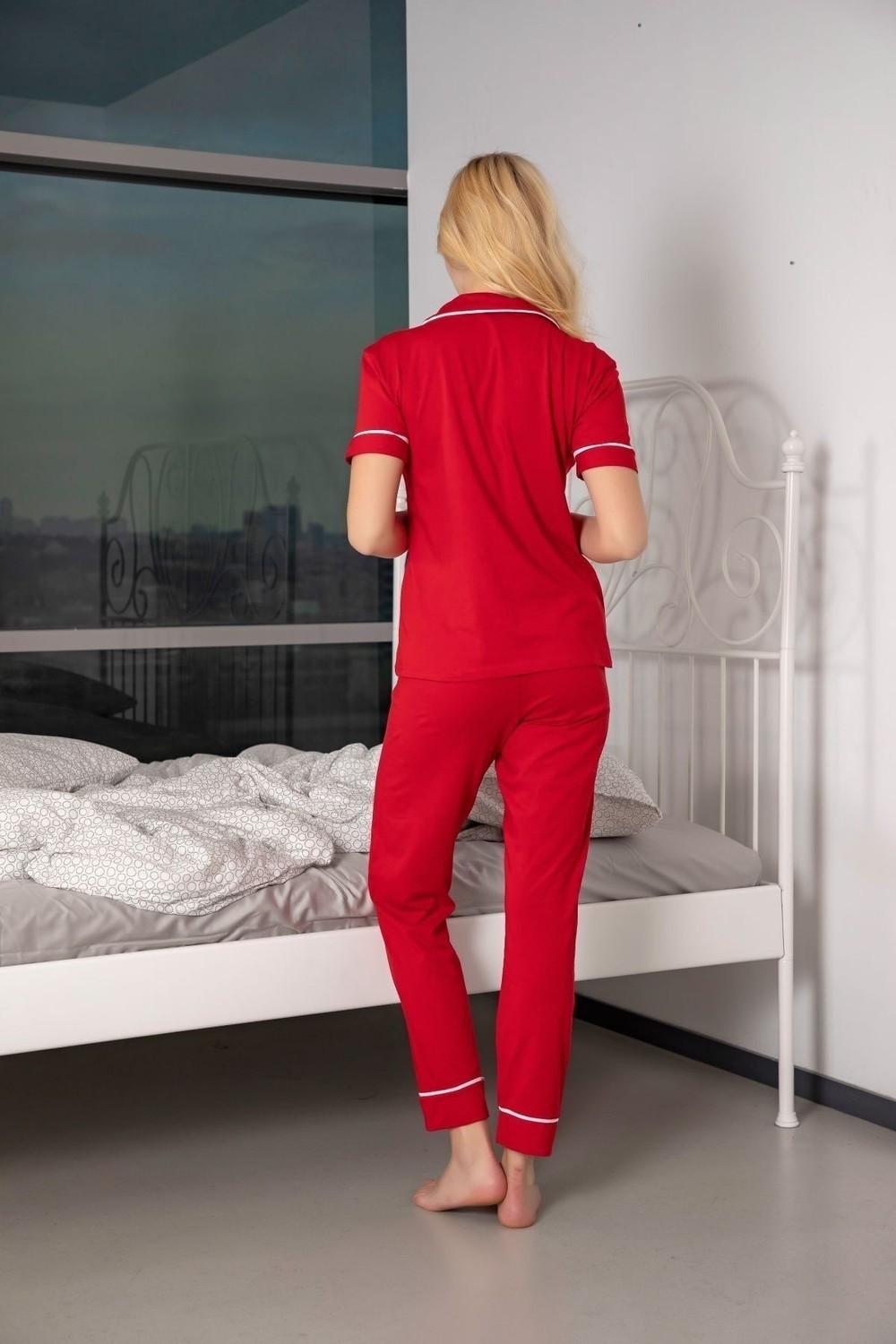 Siyah İnci Kadın Antrasit-Somon Kısa Kollu Pamuklu Düğmeli Biyeli Pijama Takım görsel 7
