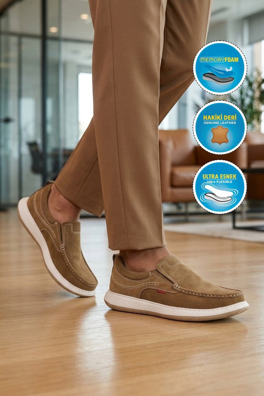 Voyager Erkek Kum Nubuk Hakiki Deri Kolay Giyilebilir Hafızalı Rahat Taban Casual Ayakkabı Loafer 6501 M görsel 3