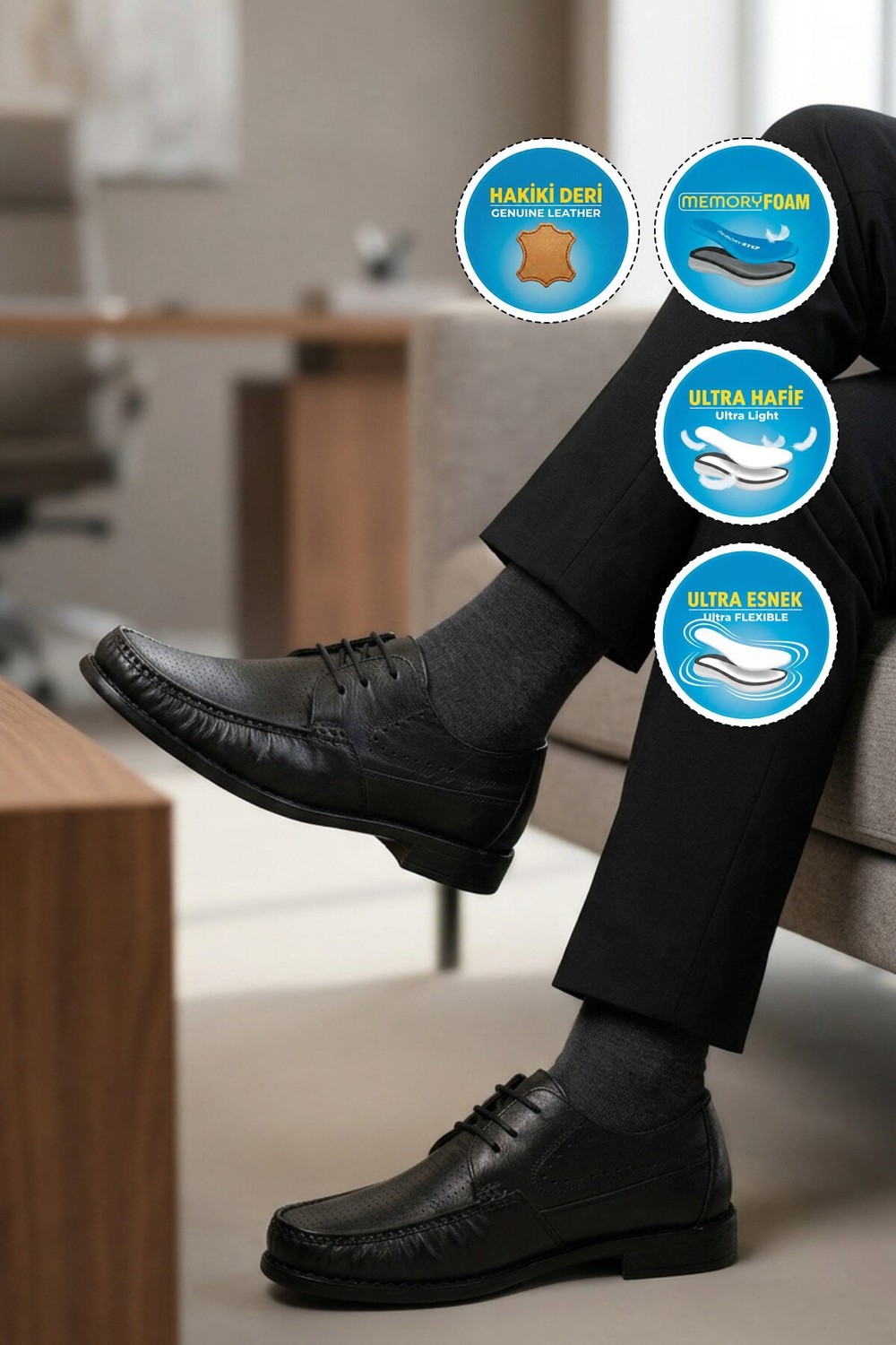 Voyager Erkek Siyah Hakiki Deri Delikli Nefes Alan Rahat Taban Bağcıklı Casual Ayakkabı Sensitive 3606-1 M görsel 8