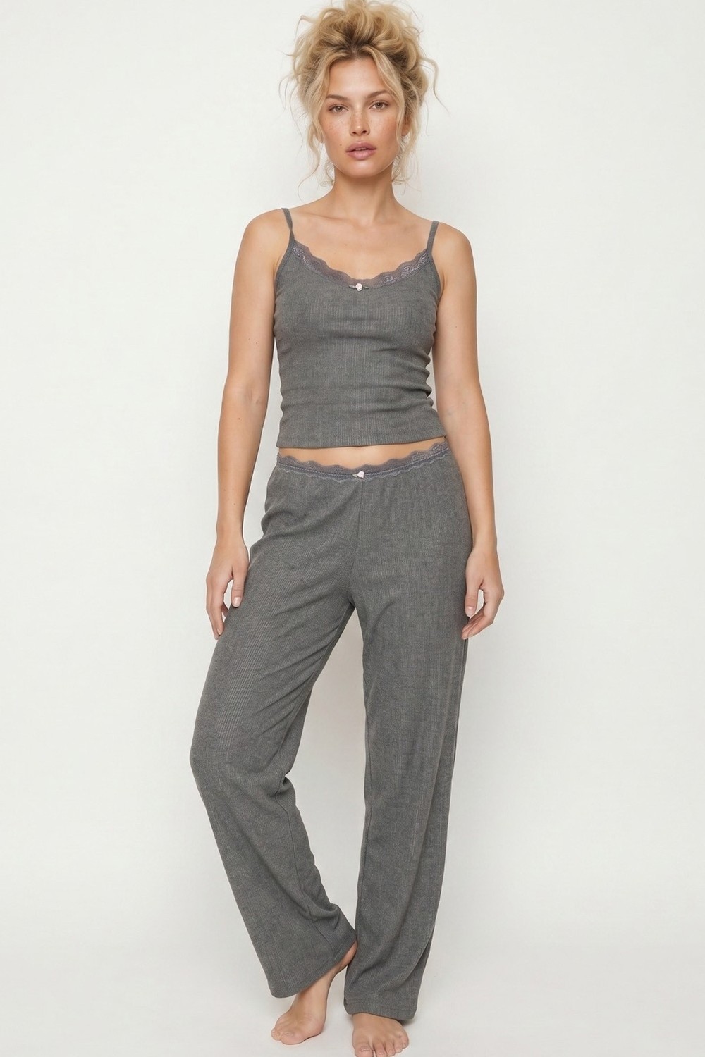 Siyah İnci Bürümcük-Krınkıl Ip Askılı Pijama Takım 8059 görsel 2