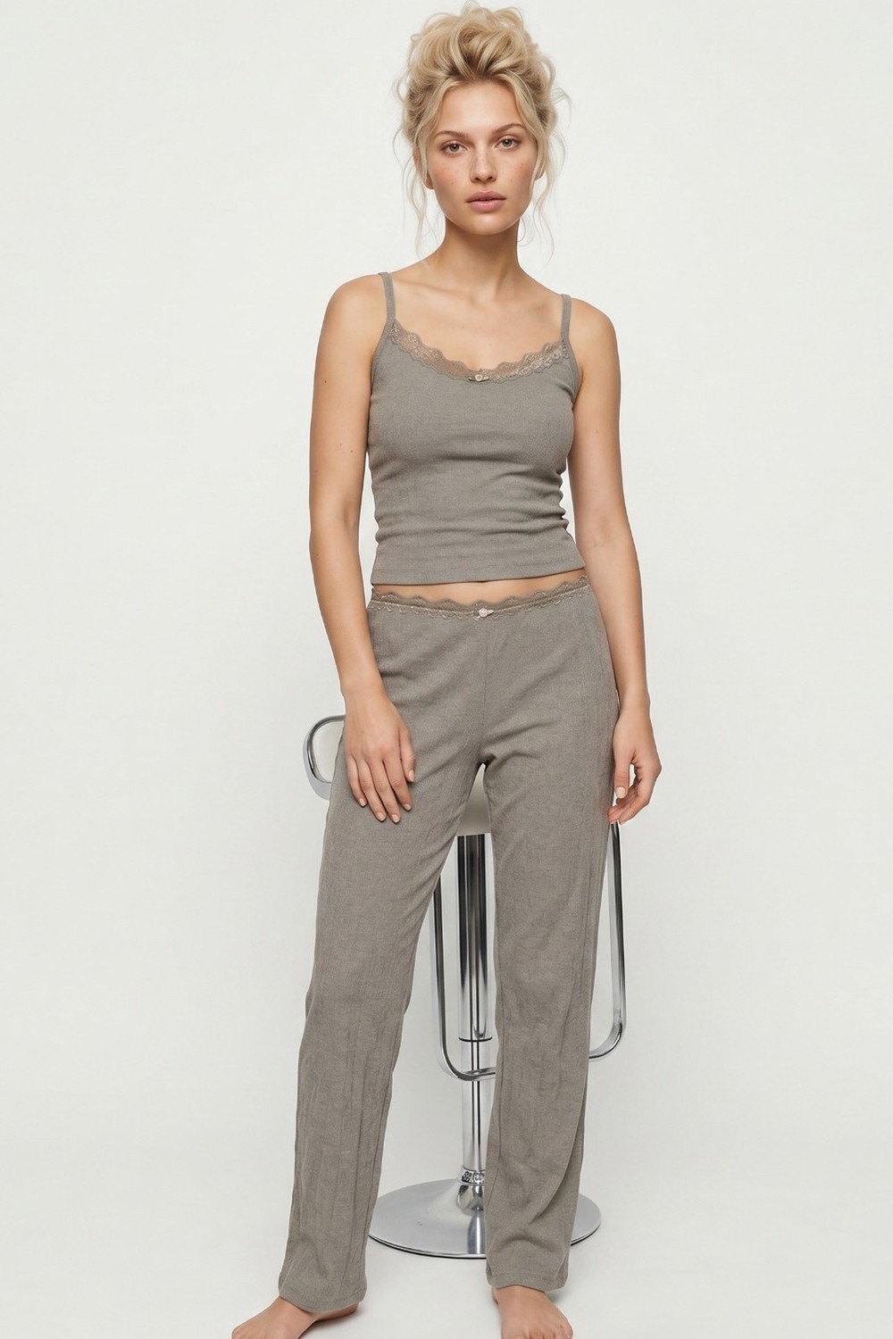 Siyah İnci Bürümcük-Krınkıl Ip Askılı Pijama Takım 8059 görsel 8