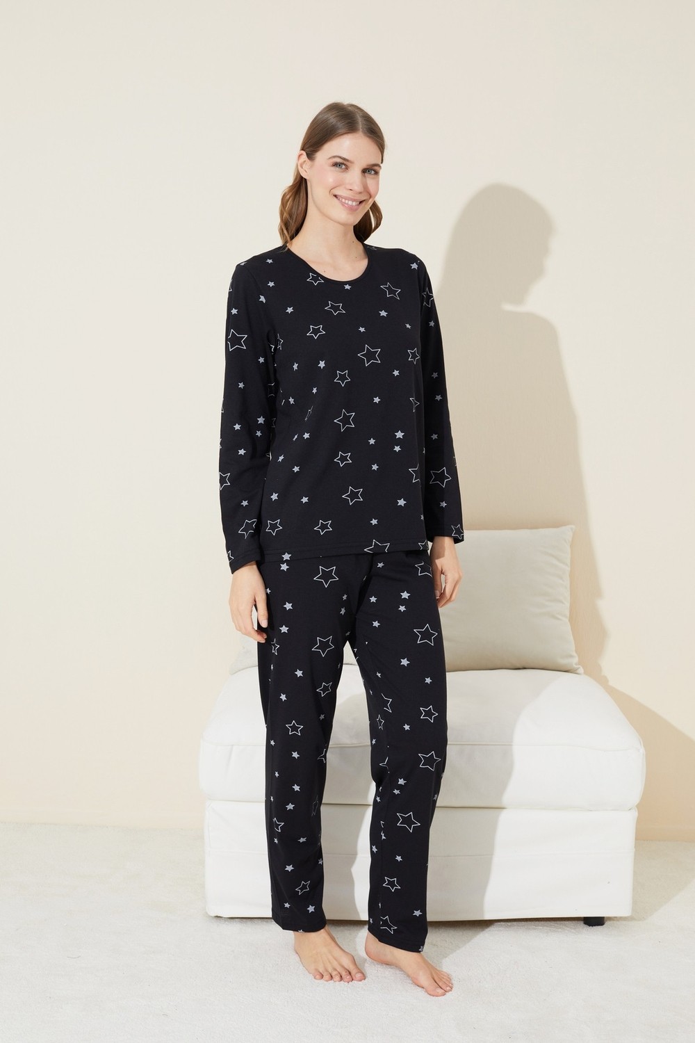 Siyah İnci Siyah Yıldız Desenli Pamuklu Pijama Takımı görsel 2