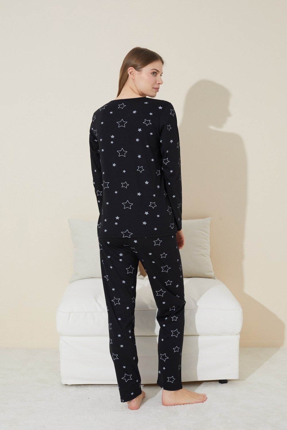 Siyah İnci Siyah Yıldız Desenli Pamuklu Pijama Takımı görsel 3