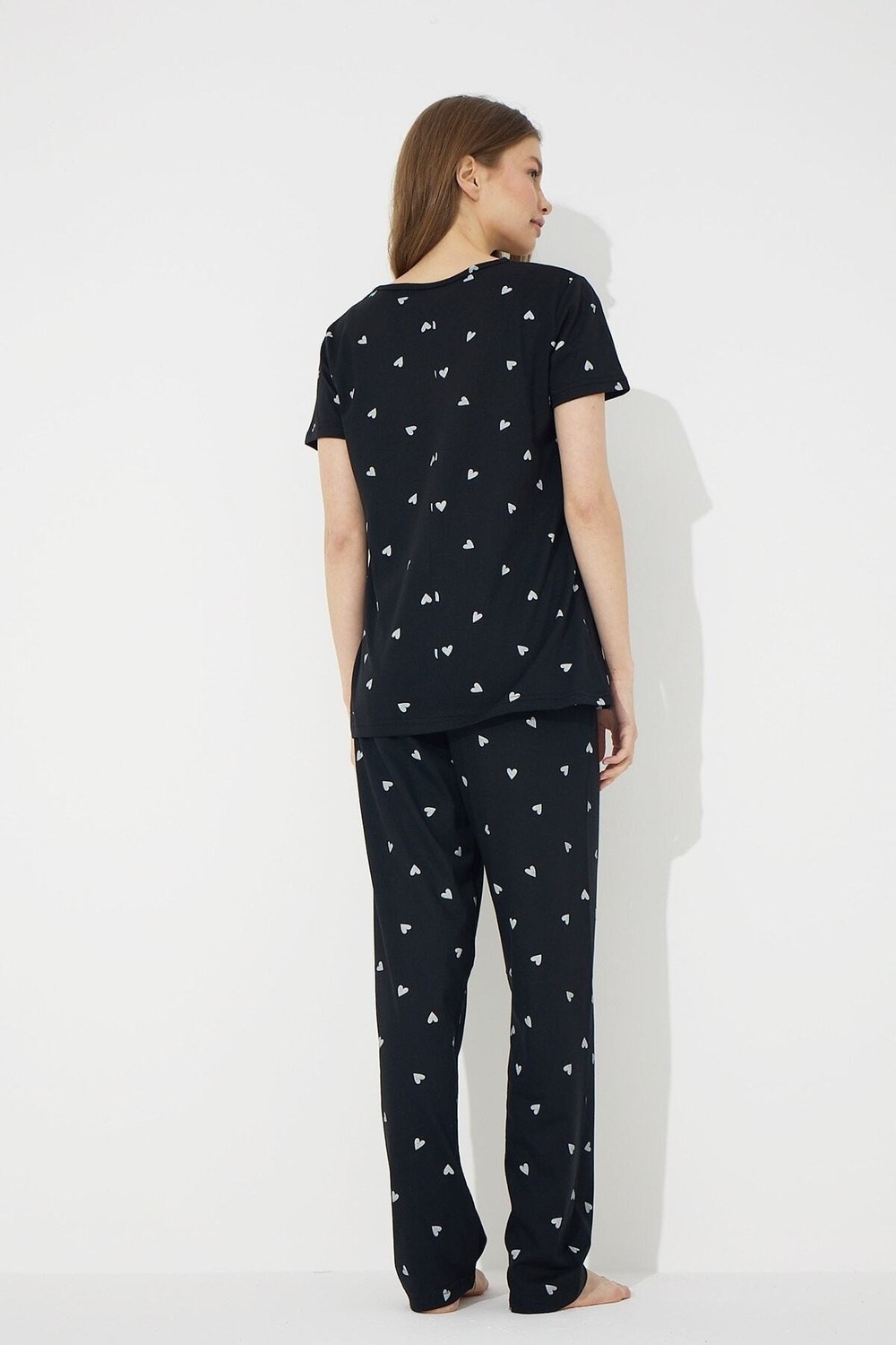 Siyah İnci Siyah Beyaz Kalp Desenli Kısa Kollu Pamuklu Pijama Takımı görsel 3