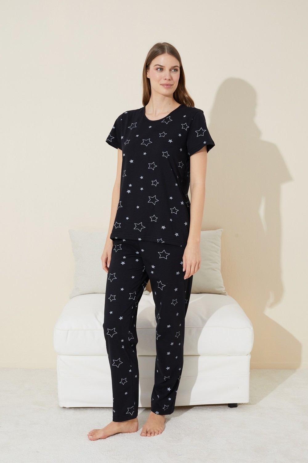 Siyah İnci Siyah Yıldız Desenli Kısa Kollu Pamuklu Pijama Takımı görsel 2